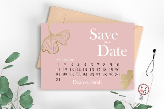 Dusty Pink Gold Foil Leaves Calendar Save Our Date, Elegant Save the Date, Printable Foliage Leaves Date, Blush Date Saver Digital Save Date