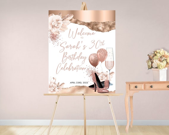 Rosegold Glitter Heels Floral Roses Birthday Welcome Sign White Template, Editable Champagne Black Party Sign for Women, Printable 24x30