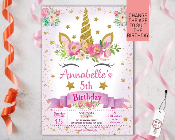 Gold Unicorn Floral Birthday Invitation Printable Template, Editable Invitation, Any Age Birthday, Pink Unicorn Party, Girls Age Birthday