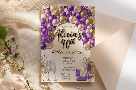 DIY Any Age Birthday Purple  Gold Heels Balloon Arch Glitter Invitation Printable Template, Champagne Editable Party Invitation for Women