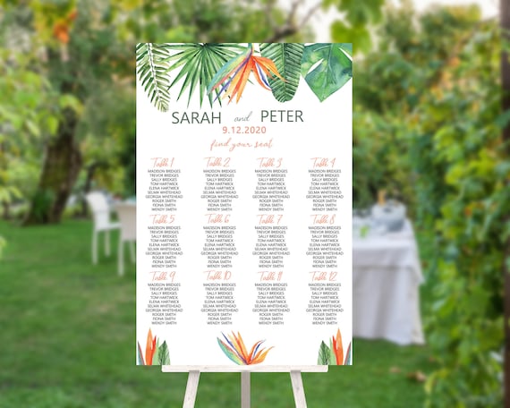 Bird of Paradise Wedding Find Your Seat Sign, Modern Green, Bridal Sign, Outdoor Seating Sign, Printable Sign, Summer Seats Foliage Wedding