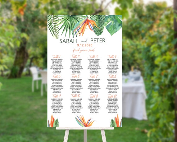 Bird of Paradise Wedding Find Your Seat Sign, Modern Green, Bridal Sign, Outdoor Seating Sign, Printable Sign, Summer Seats Foliage Wedding