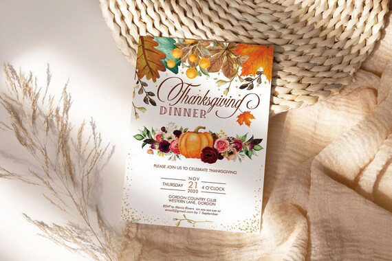 Thanksgiving Dinner Party Invitation, Floral Pumpkin Invite, Friends Family Party at Home, Turkey Dinner Invite, Fall Autumn Flowers Leaves