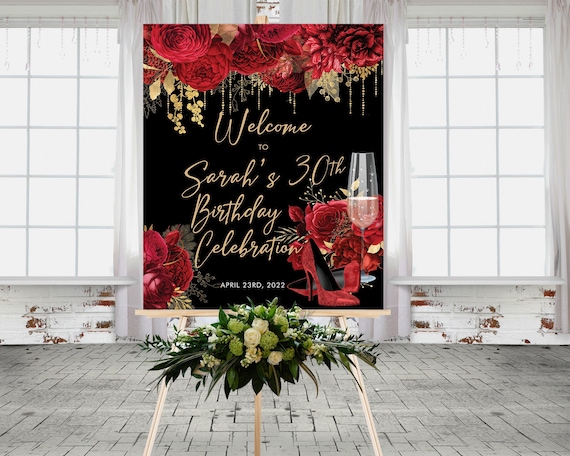 Red Glitter Heels Floral Roses Birthday Welcome Sign Printable Template, Editable Champagne Gold Black Party Sign for Women, Printable 24x30