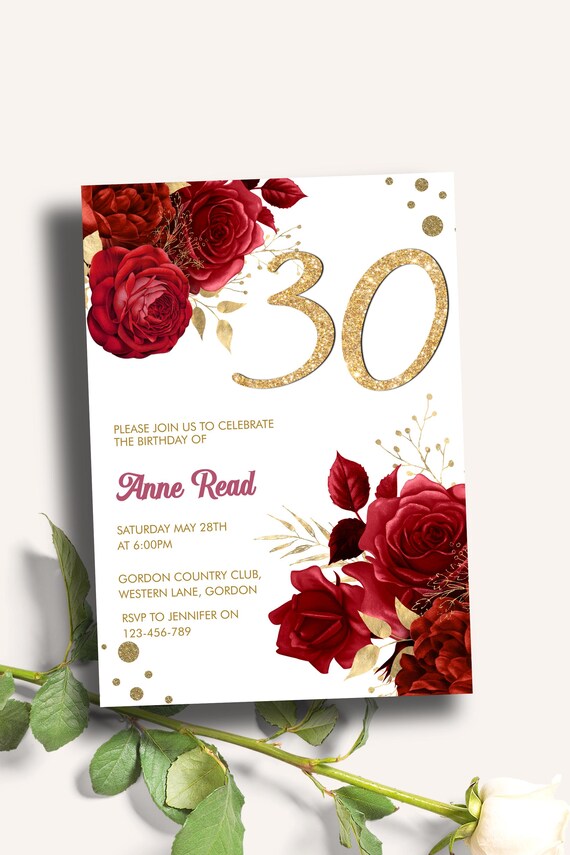 Red Floral Gold Glitter 30th Birthday Invitation, Glam Rose Party Invite (Digital Download)
