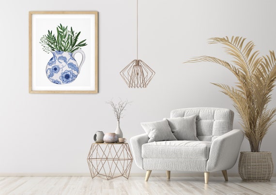 Blue Hamptons Jug Greenery Art Digital Print | Printable Plant Art | Still Life Art Print | Blue Botanical Wall Art | Blue China Print