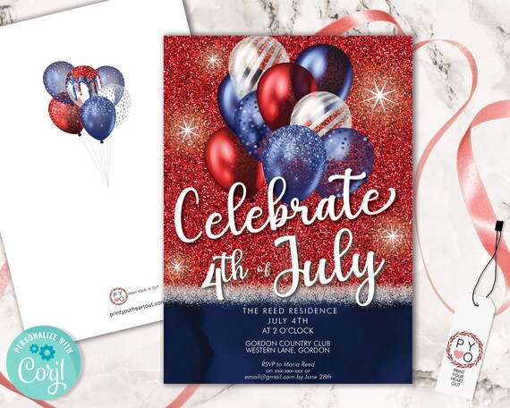 4th of July Celebrate Glitter Balloons Invitation Printable Template, Red White Blue Editable Party Invite, Dinner Independence Day Invite