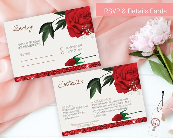 Red Roses Wedding Reply Details, Floral Theme RSVP, Rehearsal Reply, Watercolor Red Rose Cards, Printable, Editable Details Template