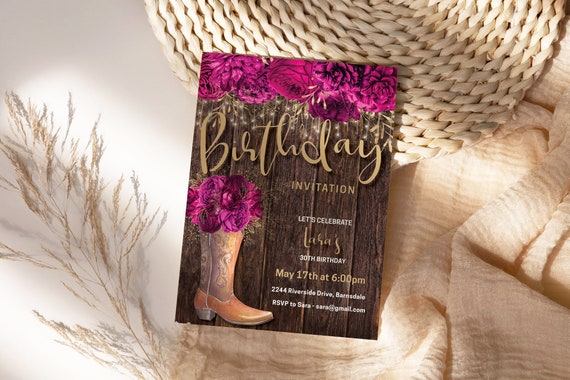 Country Birthday Hot Pink Floral Cowgirl Boot Invitation Printable Template, Magenta Editable Barn Party Invite for Women, Printable Card
