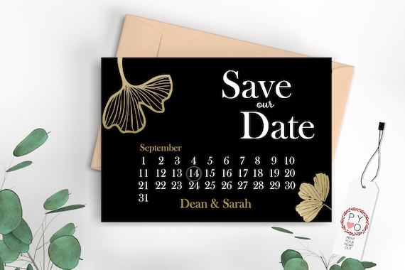 Black Gold Foil Leaves Calendar Save Our Date, Elegant Save the Date, Printable Foliage Leaves Date, Glamorous Date Saver Digital Save Date