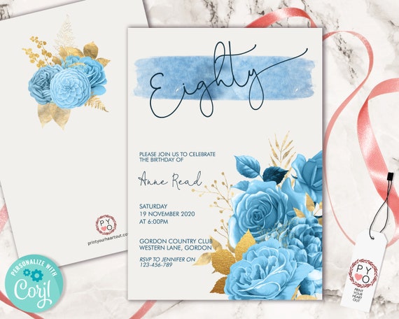 80th Birthday Blue Gold Floral Invitation Printable Template, Eighty Editable Birthday Party Invitation for Women, Printable Eighty Party
