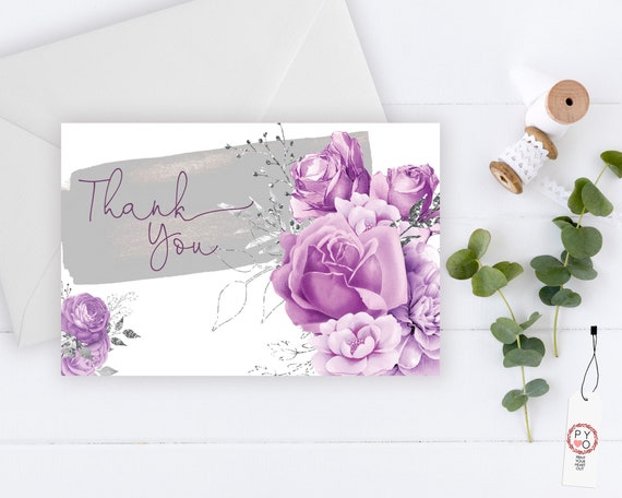 Lilac Roses Thank You Card , Purple Flowers, Lavender Thank You, Printable Thank You Card, Purple Roses