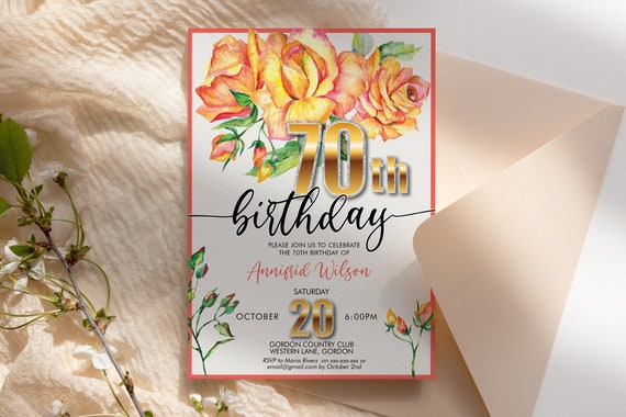Any Age, 50th 60th 70th 80th 90th 100 Watercolor Yellow Rose Gold Glitter Birthday Invitation Printable, Editable for Women, Floral Invite