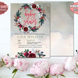 Inbjudan till babyshower med julkrans, rött glitter (redigerbar mall) bild 3