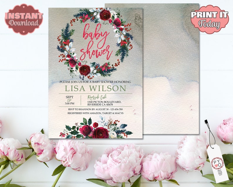 Inbjudan till babyshower med julkrans, rött glitter (redigerbar mall) bild 3