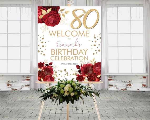 Red Floral Roses Gold Glitter Number Birthday Welcome Sign Printable Template, Editable Any Age Gold Party Sign for Women, Printable 24x30