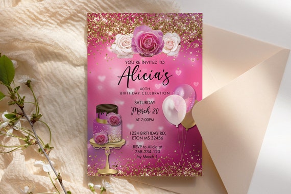 Any Age Birthday Bright Pink Gold Glitter Cake Balloons Invitation Printable Template, Magenta Editable Floral Invitation Women, Pink Roses