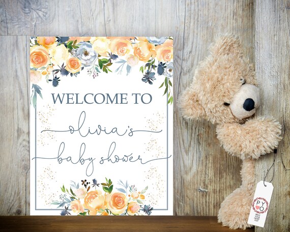 Peach Blue Floral Baby Shower Welcome Sign, Gender Neutral Shower Sign, Printable Apricot Baby Shower, Editable Template, Pastel Floral Sign