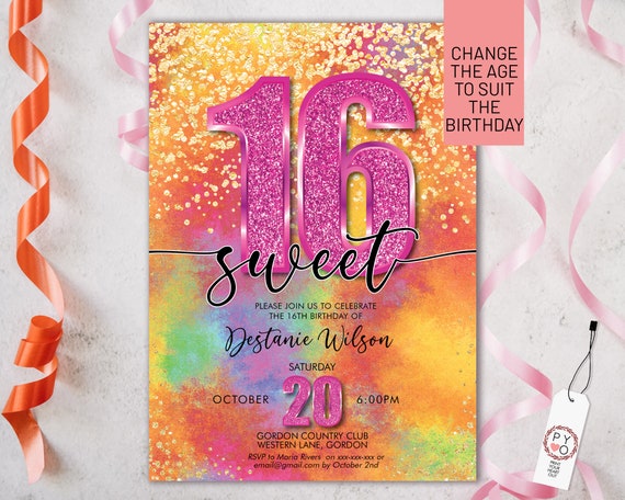 Sweet 16 Pink Glitter Number Party Invitation Printable Template, Gold Glitter Orange Rainbow Invite, 16th Birthday,  Any age, change date