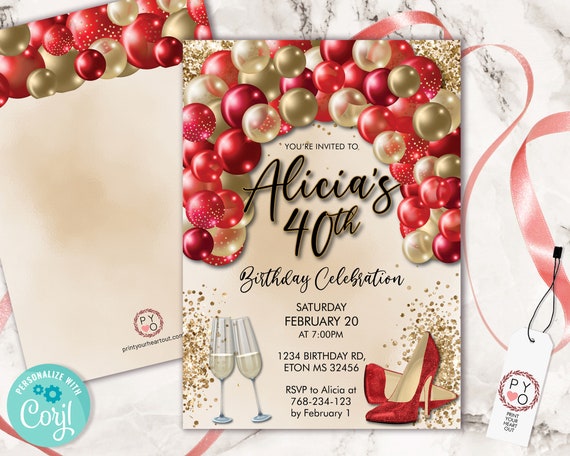 DIY Any Age Birthday Red Gold Heels Balloon Arch Glitter Invitation Printable Template, Champagne glass Editable Party Invitation for Women