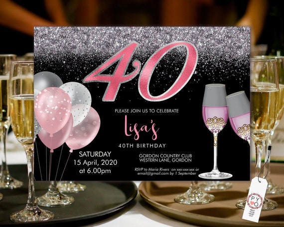 Pink Silver Champagne 40 Birthday Invitation Printable Template, Sparkle Birthday Party Invitation Women, Printable blush glitter Invite