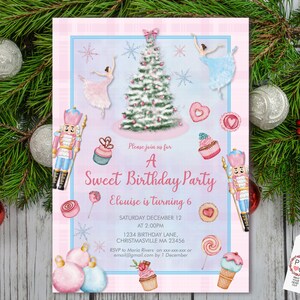 May include: A Sweet Birthday Party invitation with a pink and blue design. The invitation features a Christmas tree, ballerinas, and sweets. Text includes "A Sweet Birthday Party" and event details. The invitation is decorated with snowflakes and ornaments.