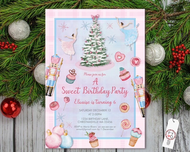 May include: A Sweet Birthday Party invitation with a pink and blue design. The invitation features a Christmas tree, ballerinas, and sweets. Text includes "A Sweet Birthday Party" and event details. The invitation is decorated with snowflakes and ornaments.