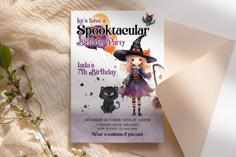 May include: A Halloween-themed birthday party invitation with the text "Spooktacular Birthday Party". The invitation features a watercolor illustration of a witch, a black cat, and balloons. The invitation includes the birthday girl's name and age.