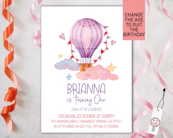 Hot Air Balloon Birthday Girls Invitation Printable Template, One Editable Invitation, First Birthday, Watercolor Cute Invite Girls, Any Age