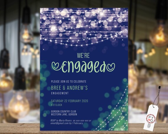 Blue Green Lights Engagement Invitation, Printable Invitation, Navy Engagement Invite, Couples Shower, Wedding Invite, Modern Bokeh Light