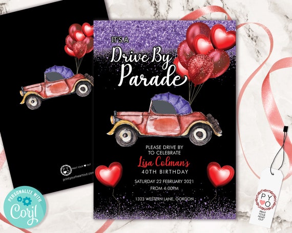 Drive By Red Purple Birthday Balloons Car Invitation Printable Template, Purple Glitter Editable Birthday Parade Invitation, Printable Card