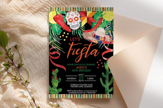 Mexican Fiesta Birthday Party Invitation, Watercolor Invite, Cinco de Mayo, Spanish Party, Cactus Chilli invitation, Lets Fiesta, Sombrero