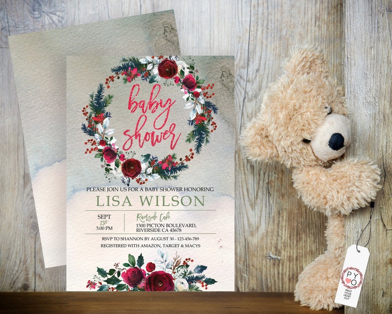 Inbjudan till babyshower med julkrans, rött glitter (redigerbar mall) bild 1