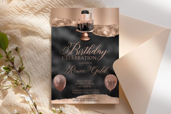 Rose Gold Cake Birthday Invitation Printable Template, Disco RoseGold Glitter Editable Party Women, Any Age Invite, Sequins Balloons Foil