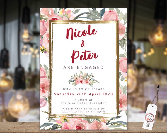 Pink Gold Floral Engagement Invitation, Printable Invitation, Burgundy Engagement Invite, Couples Shower, Wedding Invite, Gold Frame