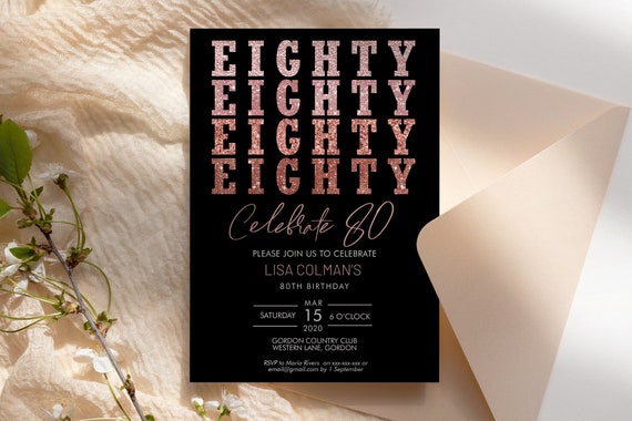 DIY 80th Birthday Glitter Invitation Printable Template, Rose Gold Glitter Editable Birthday Party Invitation for Women, Printable Eighty