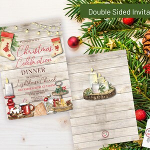 May include: Double-sided Christmas invitation with a rustic wood background. The front features festive illustrations and text: "Christmas Celebration Dinner" at Lighthouse Church. The back shows candles on a wooden base.