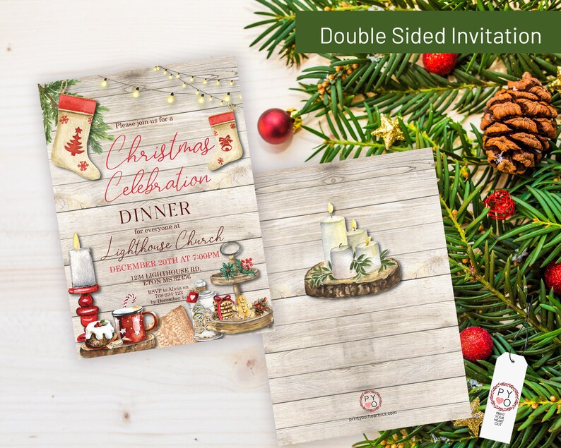 May include: Double-sided Christmas invitation with a rustic wood background. The front features festive illustrations and text: "Christmas Celebration Dinner" at Lighthouse Church. The back shows candles on a wooden base.
