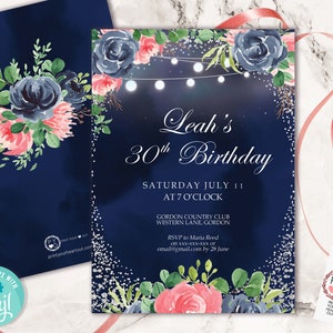 Navy Floral Birthday Invitation Template: Editable Dinner Party Invite (Digital Download)