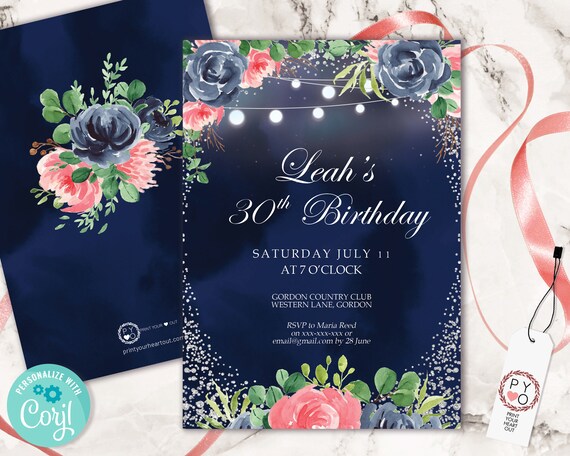 Navy Rose Birthday Invitation Printable Template, Midnight Blue Floral Editable Dinner Party Invite for Women, Pink Floral Printable Card