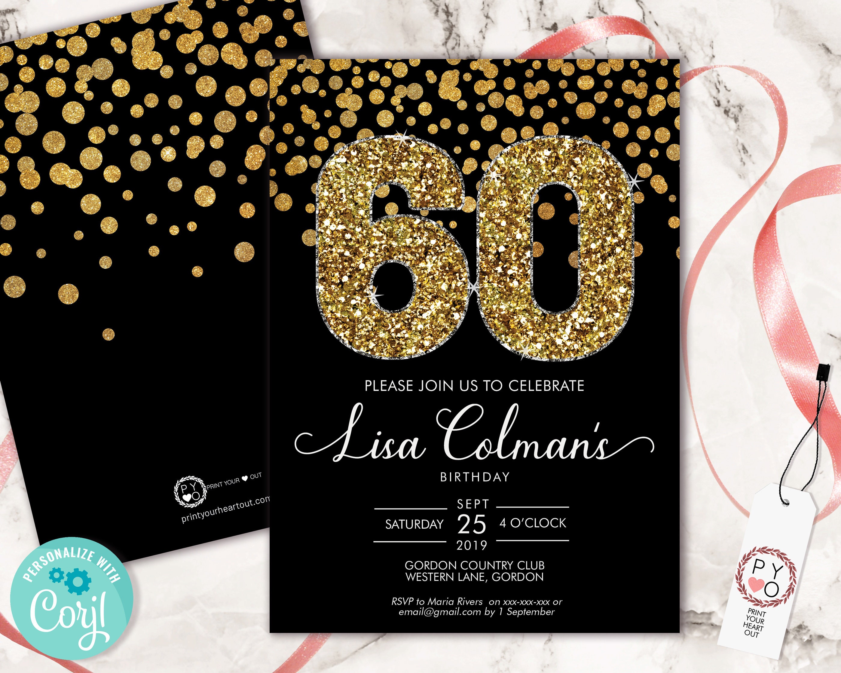 DIY 60th Birthday Confetti Invitation Printable Template, Black Gold