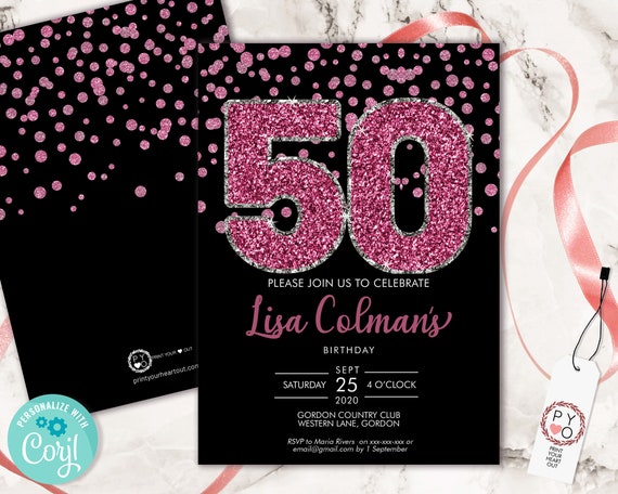 DIY 50th Birthday Confetti Invitation Printable Template, Black Pink Glitter Editable Birthday Party Invitation for Women, Printable