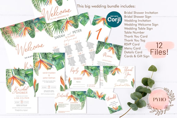 Tropical Wedding Invitation Bundle | Bird of Paradise, Editable Digital Download | Summer Spring Bridal Shower Event