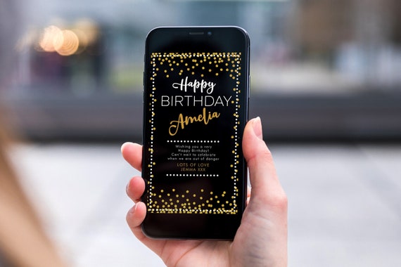 Gold Glitter Spots Electronic Birthday, Smartphone SMS Digital Editable template, EcoFriendly, Electronic Black Gold eCard Birthday Greeting