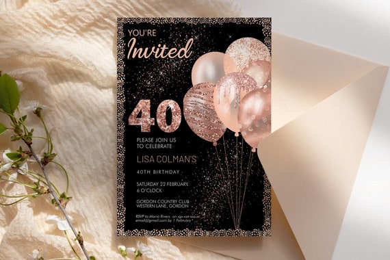 Any Age Rose Gold Birthday Balloons Invitation Printable Template, Black Glitter Editable Birthday Party Invitation Women, Printable Card