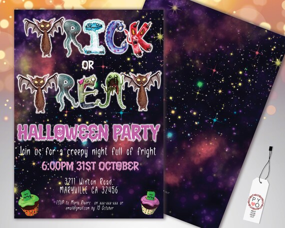 Halloween Trick or Treat Monster Invitation Printable Template, Ghosts Ghouls Party Invite, Printable Fright Night Invite, Pumpkins, Scary