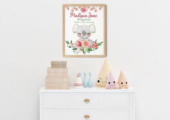 Baby Koala Birth Stats Nursery Decor | Koala Bear Print | Nursery Girl | Baby Animal | Wall Art | Baby Gift | Birth Name Information Print