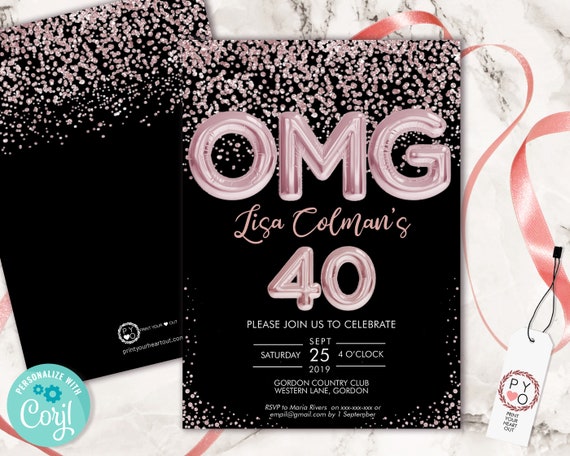 OMG 40th Birthday Pink Foil Balloon Confetti Invitation Printable Template, Black Pink Balloon Glitter Editable 40 Birthday Party Invitation