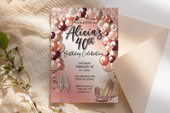 DIY Any Age Birthday Rosegold Heels Balloon Arch Glitter Invitation Printable Template, Pink Champagne Editable Party Invitation for Women