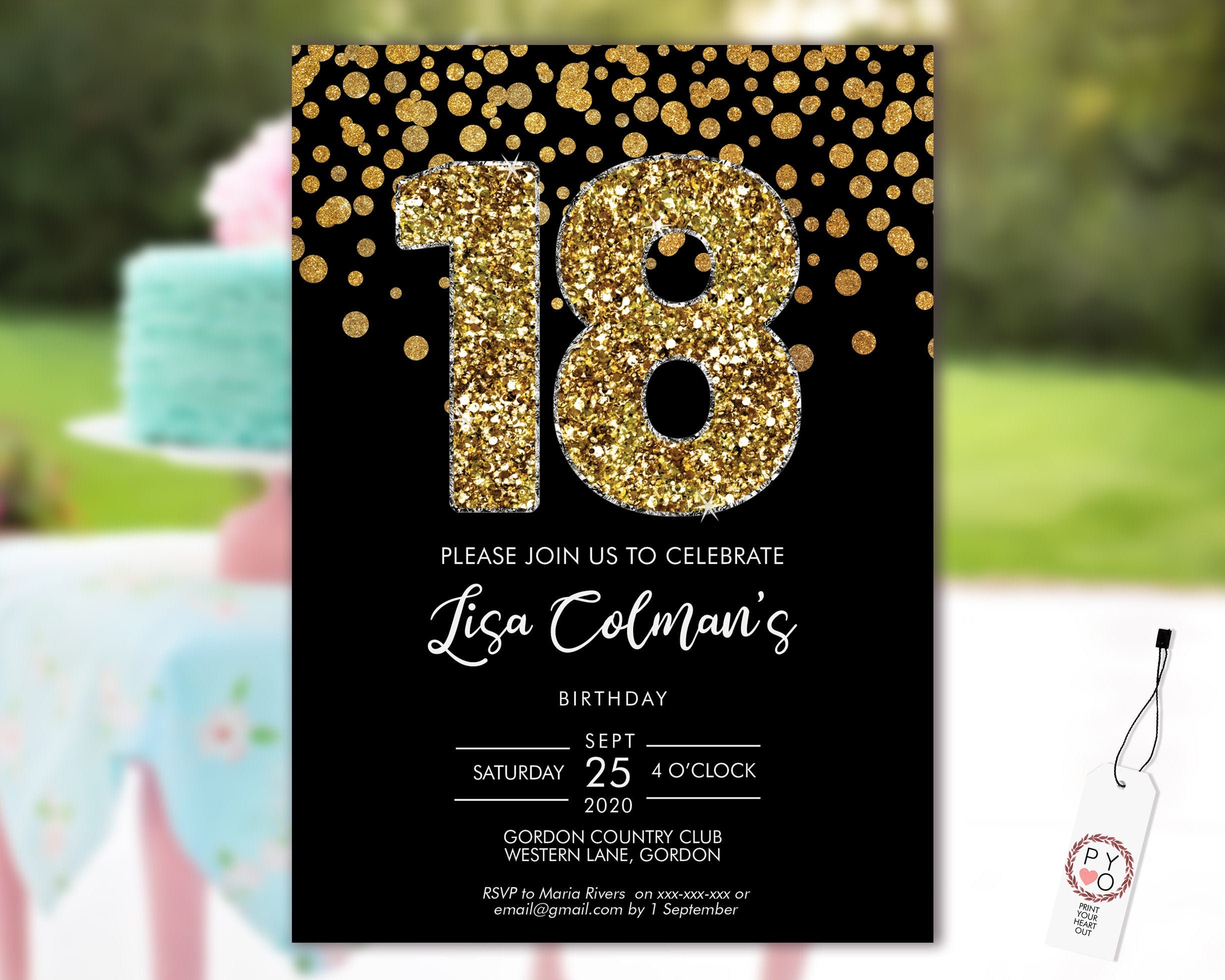 DIY 18th Birthday Confetti Invitation Printable Template Black Gold Glitter Editable Birthday